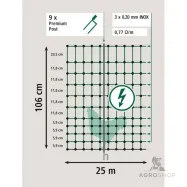 Elektriskais žogs putniem PoultryNet Premium 1,06x25m ar dubultajiem asmeņiem